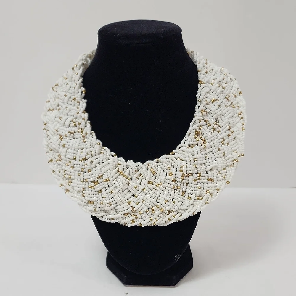 Chico’s Beaded Necklace White Gold Multi Strand Statement Adjustable